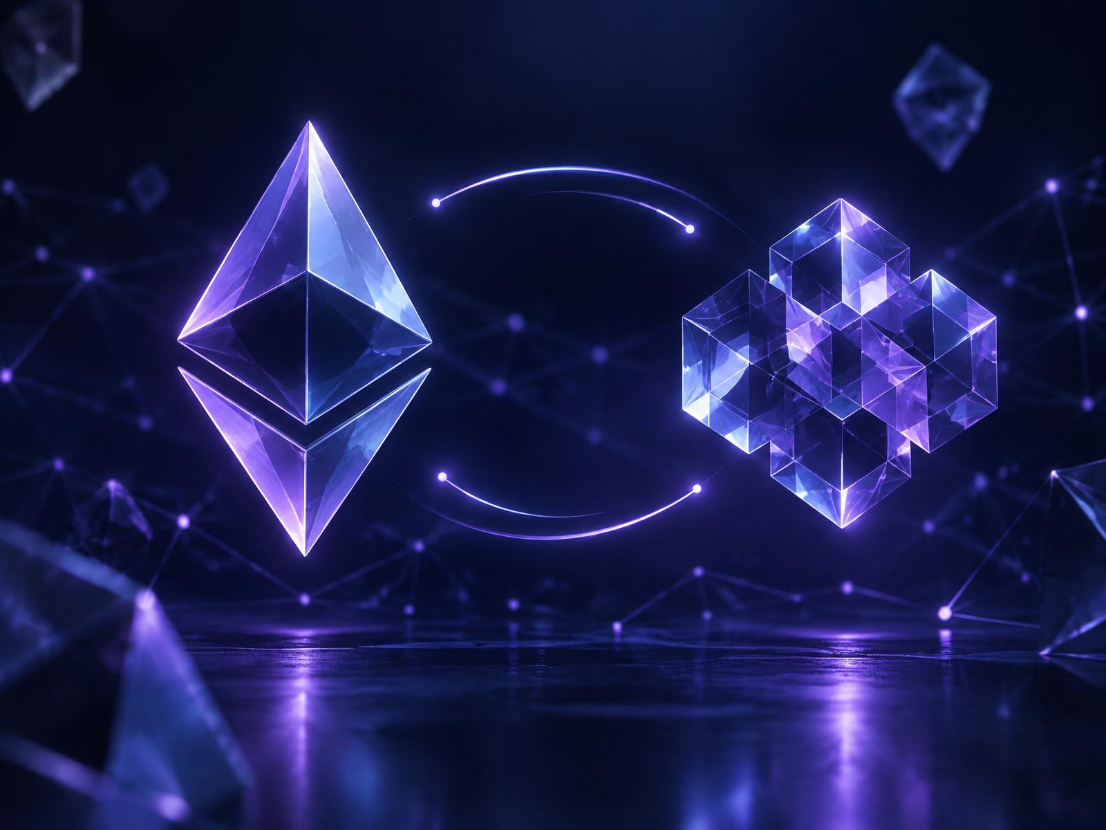 Two glowing crystal tokens exchanging value across a network